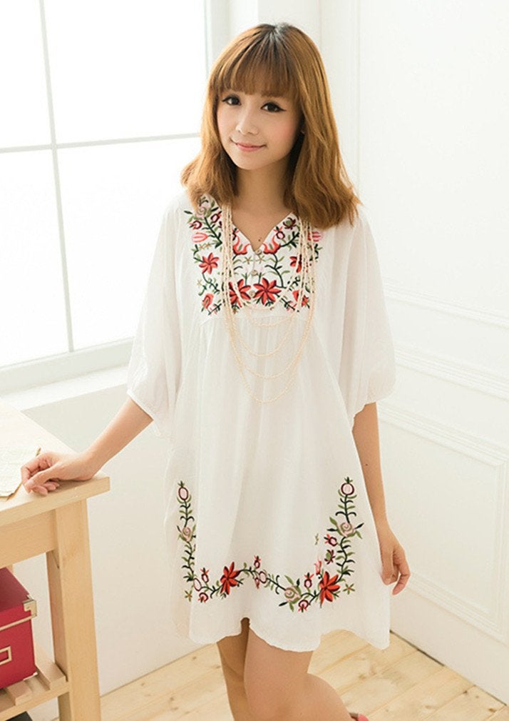Kafeimali Summer Dress V Neck Mexican Embroidered Peasant Women's Dressy Tops Blouses (White) - Image 2